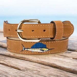 ZEP-PRO Sailfish Embroidered Nubuck Tan Leather Belt Solid Brass Men’s Size 40